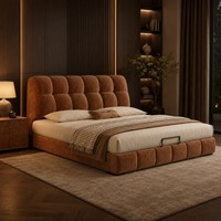 Base de Cama Moderna en Color Marrón, Tamaño Queen y King, con Tapicería Personalizada de Terciopelo Chenille