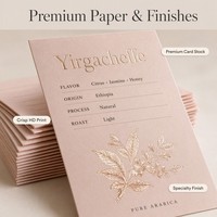 Carte de dégustation de café personnalisée avec impression feuille d'or rose, feuille de description des saveurs des grains torréfiés, note de cupping pour les cafés