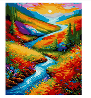 Kits de peinture de paysage par numéros pour décoration murale Sunset and Creek Peinture à l'huile avec pinceaux