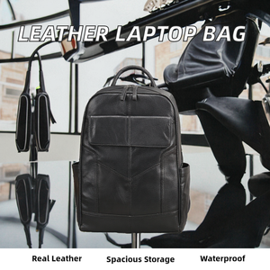 Men's Genuine Leather Fashion Business Casual Laptop <b>Backpack</b> Arcuate Shoulder Strap Polyester Lining-Zipper Closure <b>Large</b> - Product Image 2