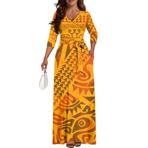 Elegante dama vestidos largos fiesta de noche estilo marquesano tatuaje polinesio profundo V manga larga elegante vestido Delgado - Product Image 5