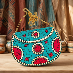Turquoise Mirror Work Half Moon <b>Wedding</b> Evening <b>Clutch</b> <b>Bag</b> with Gold Chain Strap Handmade Beaded Velvet Lining - Product Image 3