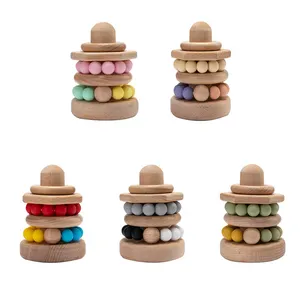 Nouvelle variété créative de blocs de construction en bois naturel Bracelet en Silicone pour bébé Bracelet en bois Silicone anneau de dentition jouet à empiler