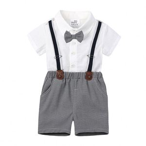 Vêtements pour enfants à manches courtes chemise bretelles bébé portant un costume formel deux pièces 1 an garçon vêtements pour l'été 100% coton - Product Image 2