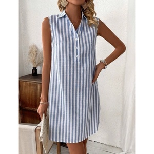 เดรสผู้หญิงแขนกุดลายทางปักลายสไตล์ลำลองแฟชั่นฤดูร้อนผ้าฝ้ายแท้ 100% ความยาวปานกลาง เอวธรรมชาติ ขายดีจากโรงงาน (OEM) - Product Image 1