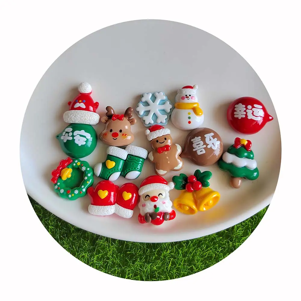 100PCS Resin Kawaii Gingerbread Man Snowman Bells Trees Flat Back Cartoon Christmas Figurines Scrapbook DIY Decor Crafts