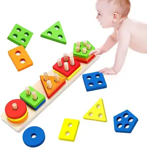 PT Montessori Toys for 1 2 3 Year Old Boys Girls Educational Shape Sorter Toys Wooden Sorting Stacking Toys for Toddlers