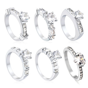 Anillos de Moissanita para Mujer, con Engaste de Garra, Zirconia Redonda, Joyería de Compromiso, Set de 6 Piezas, Tono Plata - Product Image 1