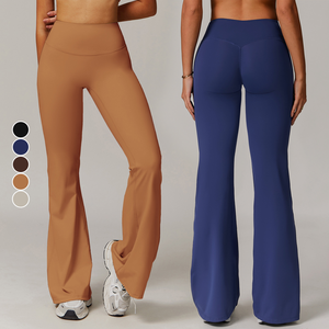 ハイウエストヨガパンツワイドレッグランニングスポーツパンツ女性用ハイウエスト女性用フィットネスフレアパンツ - Product Image 1