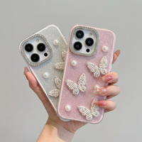 Coque de téléphone 2-en-1 avec cadre diamant à grandes perforations, compatible iPhone 17, motif papillon rose pailleté et perle, anti-chute