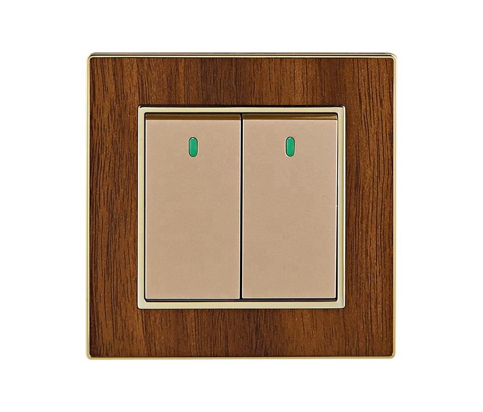 VNX OEM ODM 86*86mm Size PC Material Wood Grain 2 Gang 1 Way 2 Way Electric Wall Light Switch