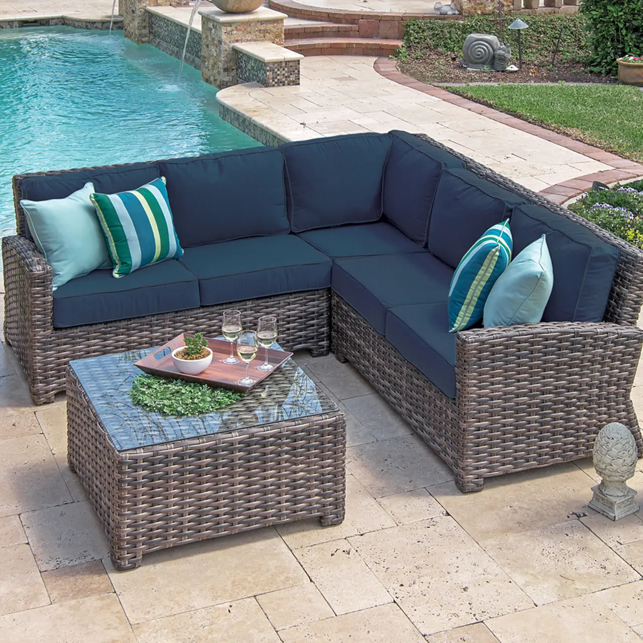 stahl PE geteiltes Set mit Polster Couchtisch Weide Gartensofa Rattan Außenmöbel