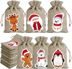 Sacs cadeaux en toile de Jute avec cordon de serrage écologique pour bonbons de noël avec imprimé bonhomme de neige
