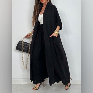 Ensemble 2 pièces décontracté pour femme : cardigan, chemise longue et pantalon, couleur unie, coupe ample, tendance - Product Image 2