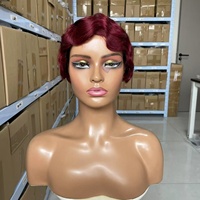 Perruque courte ondulée style pixie sans colle, perruque frontale en dentelle complète avec frange, entièrement fabriquée à la machine, 100% cheveux humains brésiliens