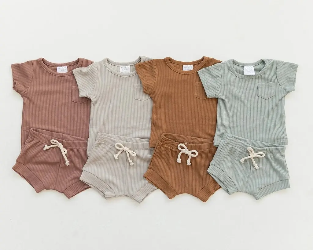 Nueva llegada verano bebé niños conjuntos camiseta juego bloomer de color sólido con cordón Infantil Niño 2 piezas conjunto de ropa