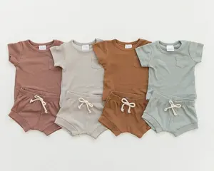 Set pakaian bayi balita, kaus warna polos dengan tali serut 2 potong musim panas