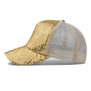 Venta al por mayor de moda estructurada 5 paneles <span class=keywords><strong>rosa</strong></span> azul oro malla trasera hombres Snap bulk lentejuelas brillo sombrero de camionero para las mujeres - Product Image 5