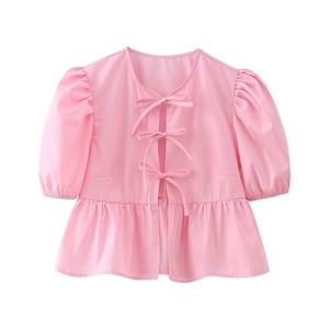 Camisa <span class=keywords><strong>de</strong></span> verano para mujer con camisa <span class=keywords><strong>de</strong></span> <span class=keywords><strong>corbata</strong></span> Vintage linterna manga corta cuello redondo blusas Chic elegante Puff manga corta sólido con volantes Top - Product Image 1