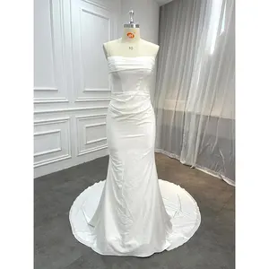 Supplier Modest Simple Satin Mermaid Wedding Dresses Bridal Elegant Lace Back Gown for Civil Wedding