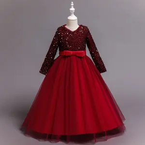 Yeni pullu prenses elbise çocuk kırmızı 10 yaşındaki kızlar için gelinlik elbiseler uzun kollu kızlar parti elbiseler