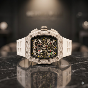 นาฬิกาข้อมือทรง Tonneau หรูหราประดับเพชรโมอิสซาไนต์ สายยางสีขาว หน้าปัดแบบ Skeleton สำหรับผู้ชาย สไตล์ฮิปฮอป - Product Image 3