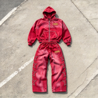 Ensemble de survêtements streetwear pour hommes avec logo personnalisé, imprimé, délavé à l'acide, 100% coton, avec strass, comprenant un sweat à capuche oversize et un pantalon de survêtement