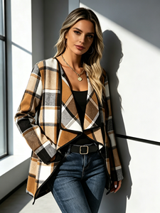 Women Plus Size Vintage Plaid Print Collar <b>Cardigan</b> Casual Standard Open Front Coat for Autumn Daily Outfit - Product Image 5