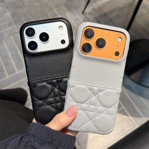 Étui de téléphone portable en cuir PU de luxe pour <span class=keywords><strong>iPhone</strong></span> 16 15 Pro Max Plus, étui à cartes en cuir à carreaux, logo personnalisé, couverture noire - Product Image 1