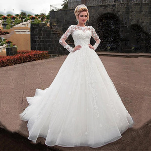 Princess Ball Gown Wedding Dress Ivory White Long Sleeve Lace Sweetheart Neckline Vintage Embroidered Organza Tulle Full Train - Product Image 1