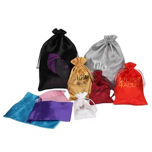 Wholesale Customized Small Dust Silk Satin Bag Hair Wig Extension Black Drawstring Satin Pouch with Logo Printing