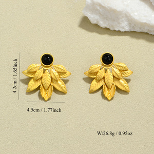 Leaf <b>Stud</b> <b>Earrings</b> Gold <b>Black</b> Gemstone Zinc Alloy Bezel Setting Plant Design Fashion Jewelry - Product Image 4