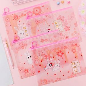 Sac de rangement transparent coréen mignon motif cerisier et lapin, pochette à fermeture éclair rose pour étudiants, sac à documents en PVC, trousse à crayons - Product Image 1