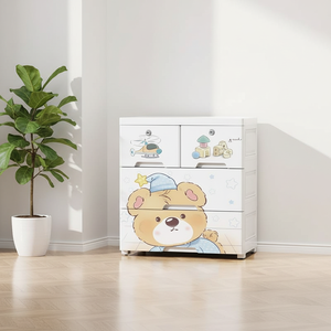 Lemari Pakaian Lipat Plastik 3 Tingkat Motif Kartun untuk Kamar Anak, Hemat Tempat, Lemari Anak dengan Laci dan Roda - Product Image 2