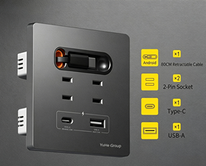 Prise murale YuHe Group avec 2 prises AC, 1 USB-C, 1 USB-A, câble rétractable intégré, style moderne, compatible Wi-Fi, application Smart Life, IP20 - Product Image 4