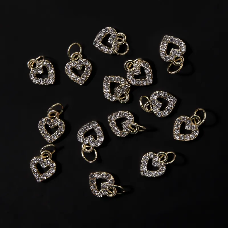 3D Gold Heart Dangle Nail Piercing Charm Rhinestone Wholesale Nail Dangle Charms Jewelry