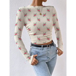 Solid Color Slim Long Sleeve Plaid Round Neck Women's T-Shirt Drawstring <b>Tops</b> Fashion - Product Image 3