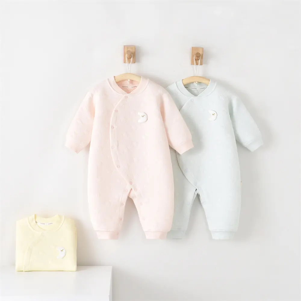 Baby's Three-layer Warm And Partial Buttoned Jumpsuit Baby Jumpsuit Autumn And Winter Long Sleeved Crawling Suit Newborn Cotton