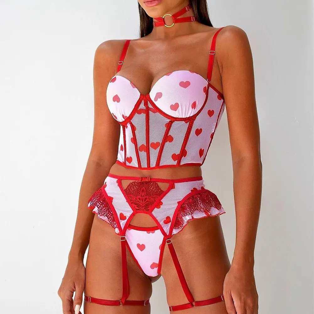 New Style Valentine's Day Women Sexy Lingerie Red Hart Printing Mesh Transparent Ladies Three Piece Set