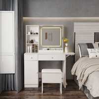 Ensemble table de maquillage moderne en MDF rose coiffeuse à 13 tiroirs miroir sur pied éclairé par LED pour la chambre à coucher et le salon