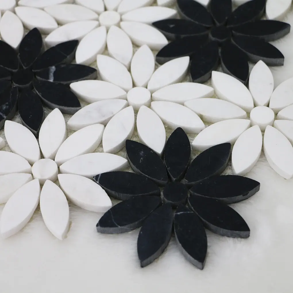 Moda decorazione da parete in marmo margherita modello Backsplash bianco e nero mattonelle a forma di fiore mosaico in pietra di marmo