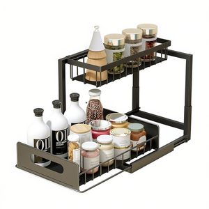 Étagère de rangement coulissante à 2 niveaux sous l'armoire, organisateur de cuisine, design minimaliste en métal, conteneur de rangement alimentaire - Product Image 1