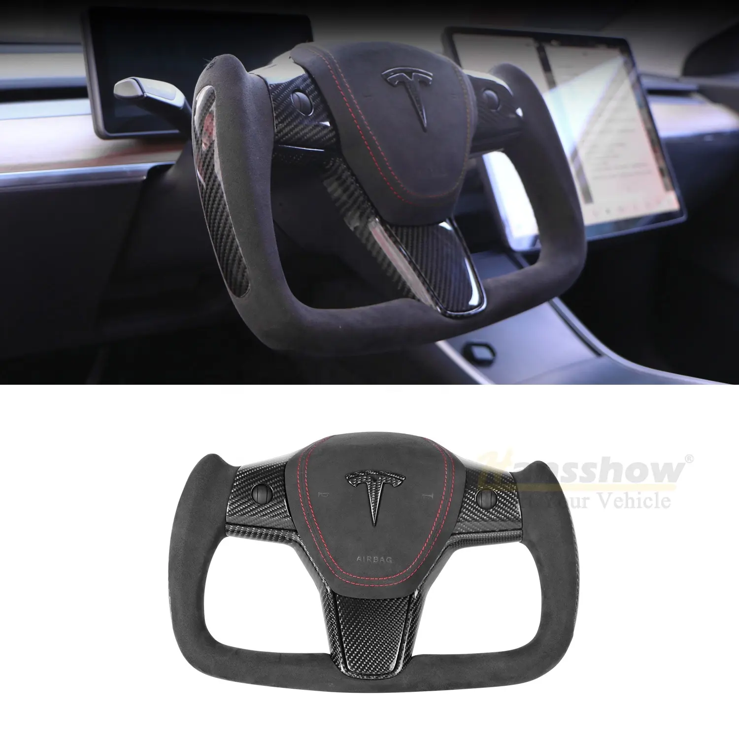 Aftermarket White Nappa Real Leather giogo in fibra di carbonio volante per aggiornamento volante riscaldato Tesla Model 3/Y