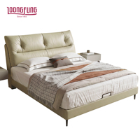 LOONGFUNG Cadre de lit en cuir véritable, sommier à lattes en pin massif, mousse haute densité, mobilier pour appartement, studio, hôtel, vente en gros