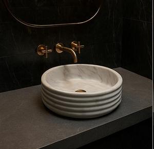 Luxury Fluted <b>Round</b> Marble Vessel Sink Handmade Natural Stone Countertop Bathroom Wash <b>Basin</b> - Product Image 1