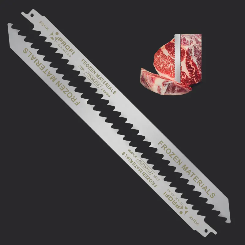 Premium kalite 12 inç paslanmaz çelik pistonlu testere bıçakları et 3TPI büyük diş Sabre testere bıçağı kesme dondurulmuş et kemikleri