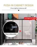 Armoire à chaussures contemporaine extensible à finition brillante, design sans poignée à ouverture par pression, pour entrée intérieure et usage hôtelier