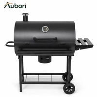 Chariot barbecue à fûts avec rôtissoire électrique, grille chauffante, étagère latérale, étagère inférieure et roues pour camping et fêtes