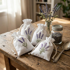 Sachets de lavande personnalisés en gros, en coton blanc, broderie de haute qualité, housses pour sachets de lavande fleurie - Product Image 1