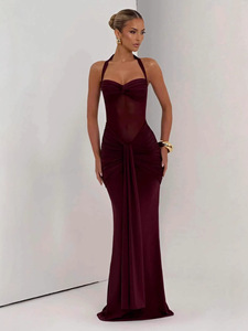 Robe longue sirène sexy pour femme, en maille transparente froncée, col licou, pour événements formels, soirées glamour et fêtes mode - Product Image 3